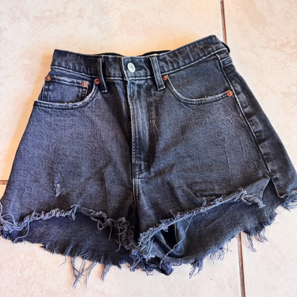 Abercrombie Curve Love High Rise Cutoff Shorts - Black/Dark Grey Denim Distress
